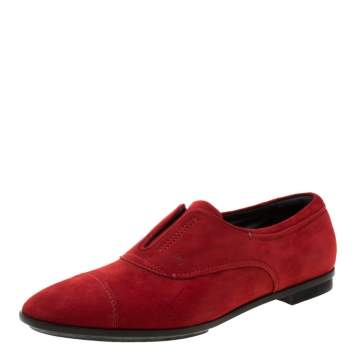 Pre Owned Tod's Red Suede Cap Toe Loafers Size 39.5