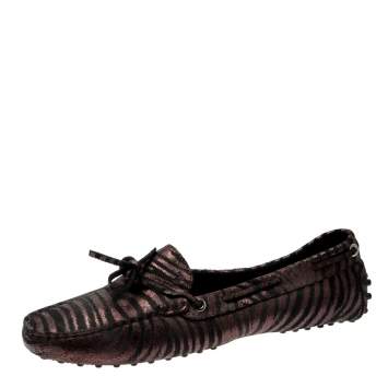 Pre Owned Tod’s Metallic Bronze/Black Zebra Print Leather Bow Loafers Size 40