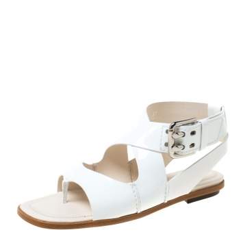 Pre Owned Tod's White Patent Leather Cross Strap Flat Sandals Size 37