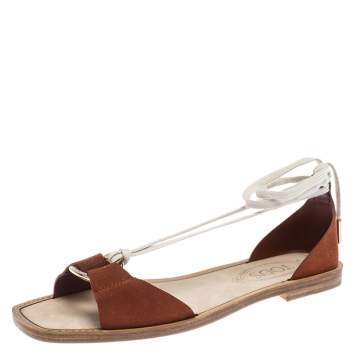 Pre Owned Tod's Brown Suede Ankle Wrap Flat Sandals Size 38.5