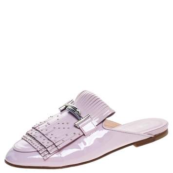 Pre Owned Tod's Pink Patent Leather Studded Fringe Double T Flat Loafer Slides Size 38