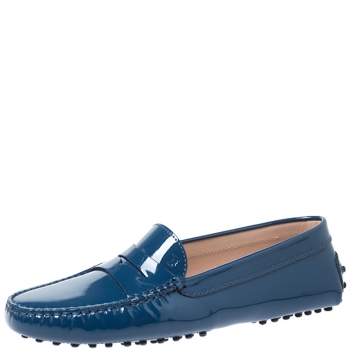 Pre Owned Tod's Blue Patent Leather Gommino Penny Loafers Size 39