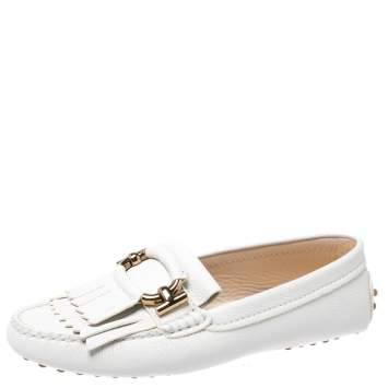 Pre Owned Tod's White Leather Fringe Detail Loafers Size 37