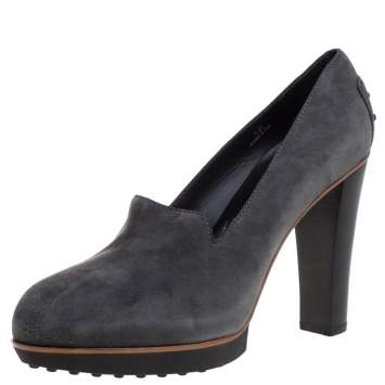 Pre Owned Tod's Grey Suede Leather Block Heel Pumps Size 40