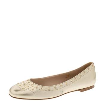 Pre Owned Tod's Metallic Gold Leather Studded Ballet Flats Size 38.5