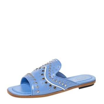Pre Owned Tod's Blue Leather Studded Flat Slides Size 37.5