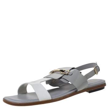 Pre Owned Tod's Grey/White Patent Leather T-Strap Buckle Detail Flat Sandals Size 39.5