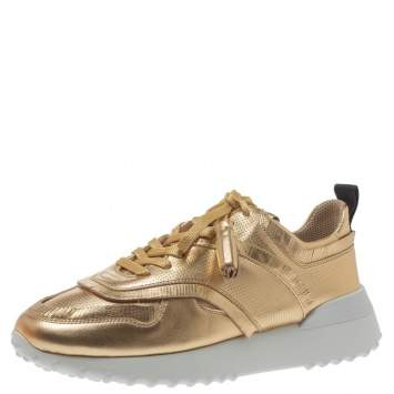 Pre Owned Tod's Metallic Gold Perforated Leather Tassel Lace Low Top Sneakers Size 39