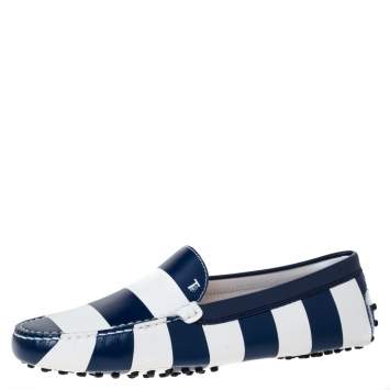 Pre Owned Tod's Blue/White Striped Leather Slip On Loafers Size 40