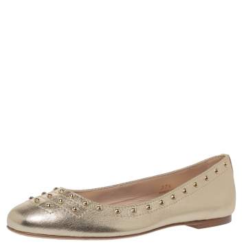 Pre Owned Tod's Metallic Gold Leather Studded Ballet Flats Size 37.5