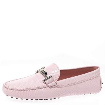 Pre Owned Tod's Pink Python Embossed Leather Double T Slip On Loafers Size 40.5