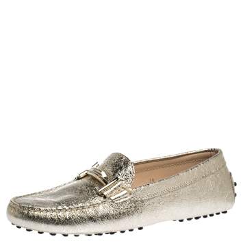 Pre Owned Tod's Metallic Gold Leather Double T Slip On Loafers Size 39