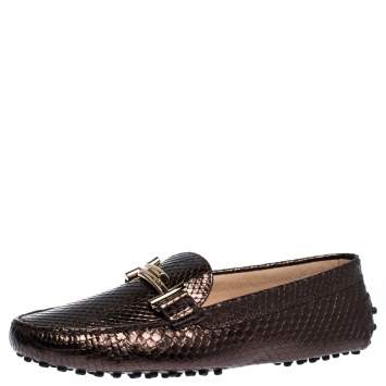 Pre Owned Tod's Metallic Brown Python Leather Double T Loafers Size 39