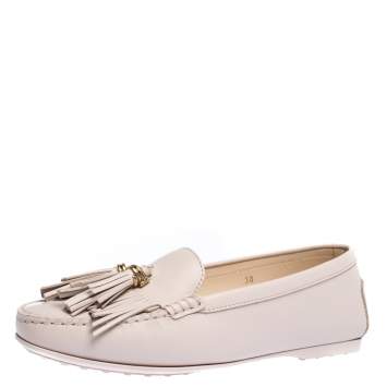 Pre Owned Tods Pale Pink Leather Fringed Loafers Size 38