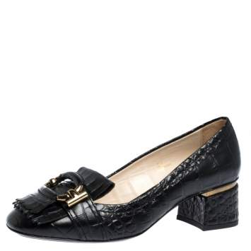Pre Owned Tods Black Croc Embossed Leather Fringed Buckle Pumps Size 37