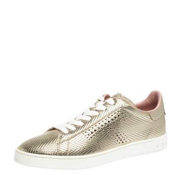 Pre Owned Tod's Metallic Gold Woven And Perforated Leather Low Top Lace Up Sneakers Size 39.5