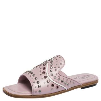 Pre Owned Tod's Pink Leather Studded Flat Slides Size 37.5 