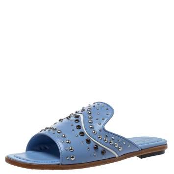 Pre Owned Tod's Blue Leather Studded Flat Slides Size 39