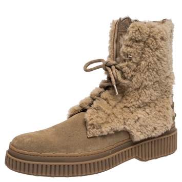 Pre Owned Tod's Beige Suede Leather And Shearling Fur Ankle Boots Size 38.5