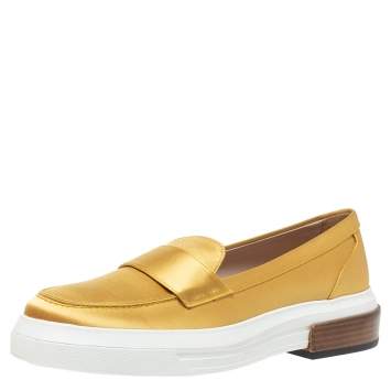 Pre Owned Tod's Golden Satin Fabric Slip On Loafer Sneakers Size 39
