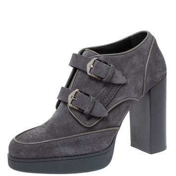 Pre Owned Tod's Grey Suede Leather Platform Block Heel Ankle Booties Size 40