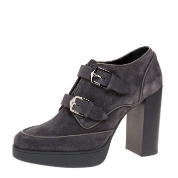 Pre Owned Tod's Grey Suede Leather Platform Block Heel Ankle Booties Size 39