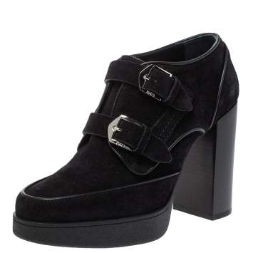 Pre Owned Tod's Black Suede Double Buckle Platform Booties Size 37