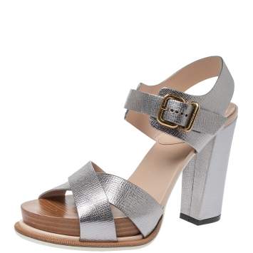 Pre Owned Tod's Sliver Leather Platform Ankle Strap Sandals Size 39.5