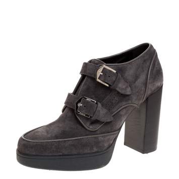 Pre Owned Tod's Grey Suede Leather Platform Buckle Detail Ankle Booties Size 38