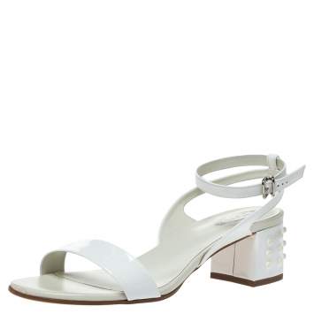 Pre Owned Tod's White Patent Leather Studded Heel Ankle Strap Sandals Size 38.5