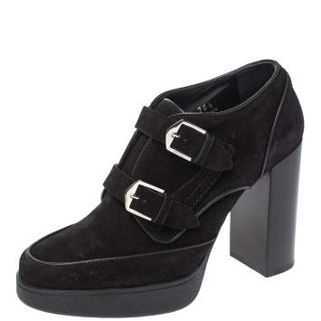 Pre Owned Tod's Black Suede Leather Buckle Detail Platform Booties Size 38.5
