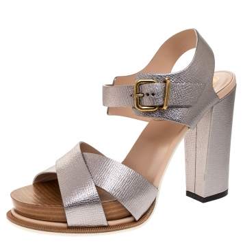 Pre Owned Tod's Silver Textured Leather Platform Ankle Strap Sandals Size 37