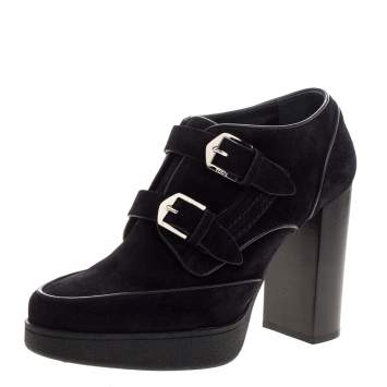 Pre Owned Tod's Black Suede Leather Buckle Block Heel Ankle Booties Size 38.5 
