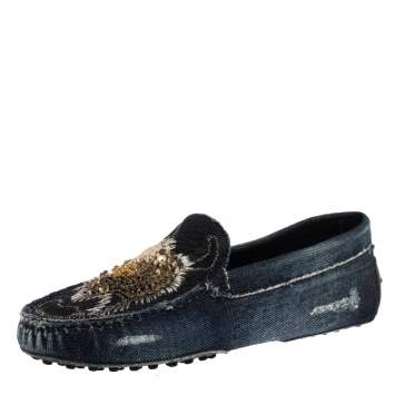 Pre Owned Tod's Blue Denim Fabric Sequin Embellished Slip On Loafers Size 37.5