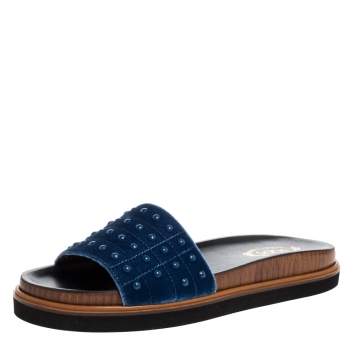 Pre Owned Tod's Blue Velvet Studded Flat Slides Size 39 