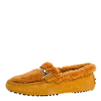 Pre Owned Tod's Orange Suede Leather And Shearling Double T Slip On Loafers Size 37