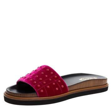 Pre Owned Tod's Red Velvet Studded Flat Slides Size 40 