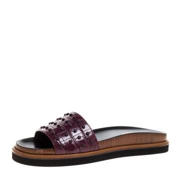 Pre Owned Tod's Burgundy Croc Embossed Leather Studded Flat Slides Size 37