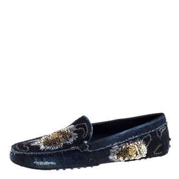 Pre Owned Tod's Blue Denim Fabric Sequin Embellished Slip On Loafers Size 40.5