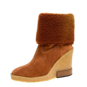 Pre Owned Tod's Brown Shearling And Suede Leather Wedge Ankle Boots Size 37