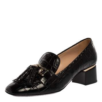 Pre Owned Tod's Black Croc Embossed Leather Tassel Detail Loafer Pumps Size 37.5