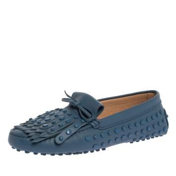 Pre Owned Tod's Blue Leather Studded Fringes Detail Bow Slip On Loafers Size 38