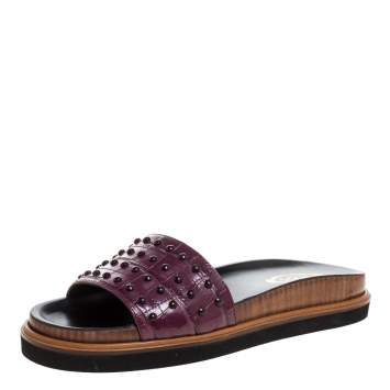 Pre Owned Tod's Burgundy Croc Embossed Leather Studded Flat Slides Size 37