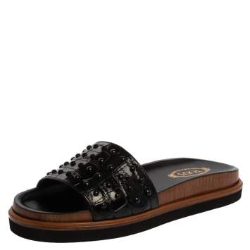Pre Owned Tod's Black Croc Embossed Leather Studded Flat Slides Size 36