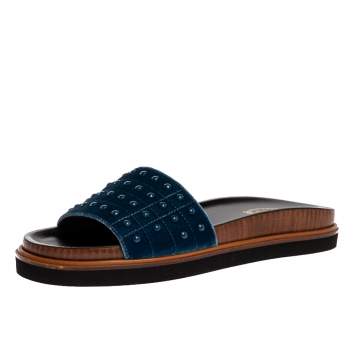 Pre Owned Tod's Blue Velvet Studded Flat Slides Size 39 