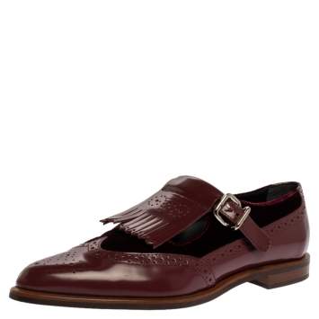 Pre Owned Tod's Burgundy Brogue Leather and Velvet Fringed Monk Strap Oxfords Size 37.5