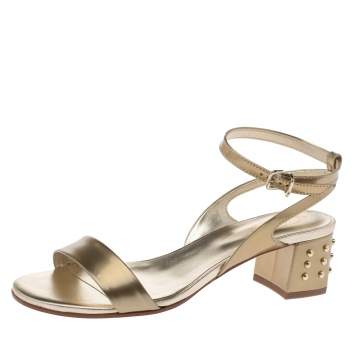 Pre Owned Tod's Metallic Gold Patent Leather Studded Block Heel Ankle Strap Sandals Size 37.5