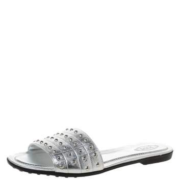 Pre Owned Tod's Silver Leather Studded Flat Slides Size 41