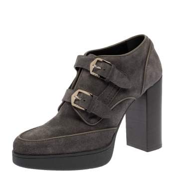 Pre Owned Tod's Grey Suede Leather Buckle Detail Block Heel Booties Size 39