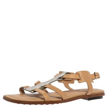 Pre Owned Tod's Beige Leather and Metallic T-Strap Flats Size 38.5